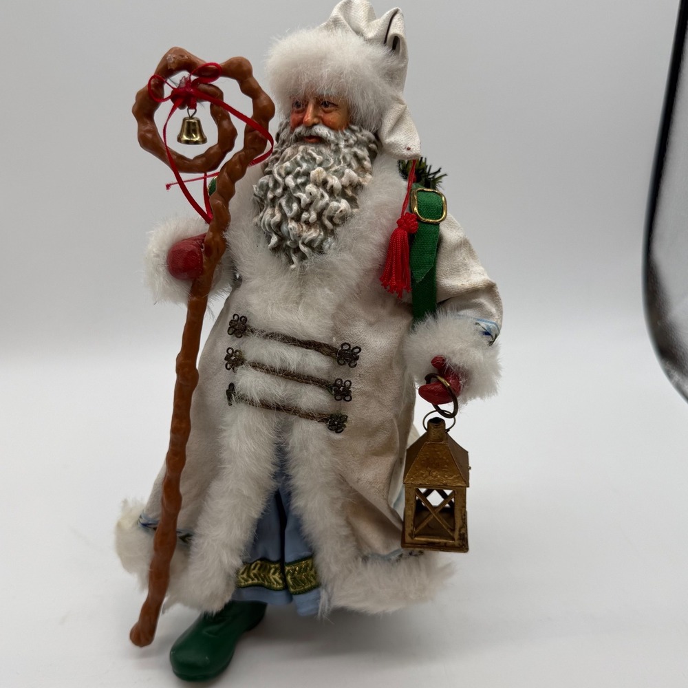 Vintage Old World Father Christmas Santa Figurine White Fur Coat Toy Basket 12in